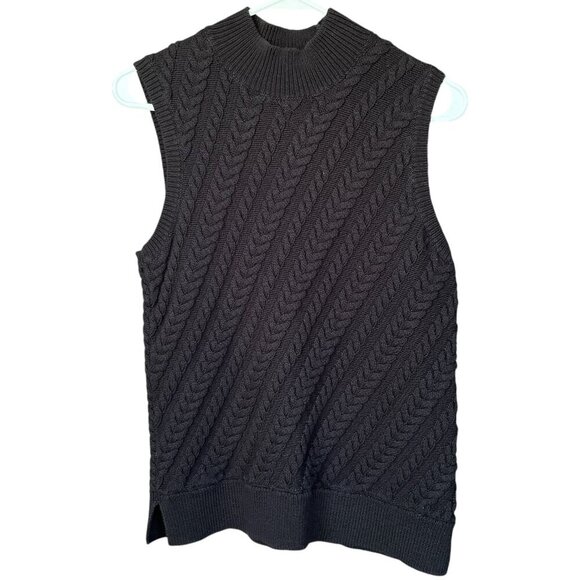 Talbots Womens Cable Knit Sleeveless Sweater Vest Size LP Black Fisherman Preppy - Picture 1 of 8